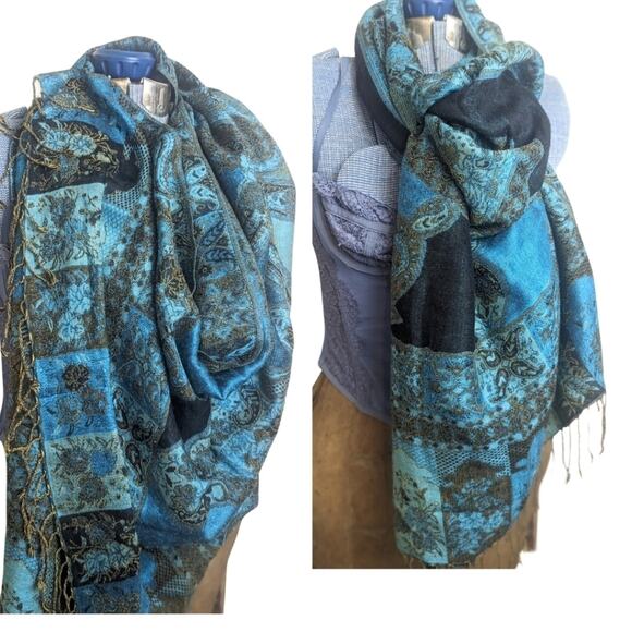 Mermaidcore Cashmere & Silk Scarf Shaw Wrap Fringe Extra Wide - Picture 9 of 9